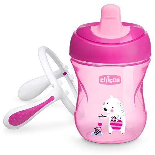 치코 Chicco Semi-Soft Spout Spill Free Baby Trainer Sippy Cup, 6 Months, Pink/Purple, 7 Ounce (Pack of 2)