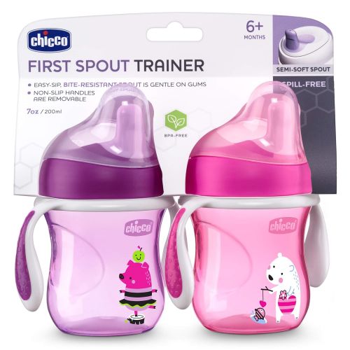 치코 Chicco Semi-Soft Spout Spill Free Baby Trainer Sippy Cup, 6 Months, Pink/Purple, 7 Ounce (Pack of 2)