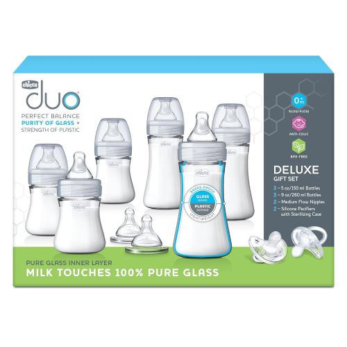 치코 Chicco Duo Deluxe Hybrid Baby Bottle Gift Set with Invinci-Glass Inside/Plastic Outside - Clear/Grey