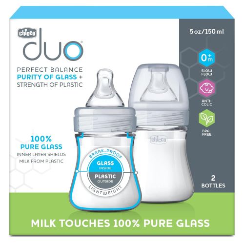 치코 Chicco Duo 5oz. Hybrid Baby Bottle with Invinci-Glass Inside/Plastic Outside 2-Pack with Slow Flow Anti-Colic Nipple - Clear/Grey