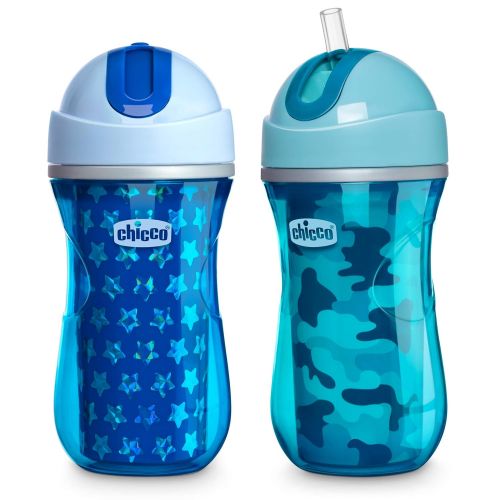 치코 Chicco Insulated Flip-Top Straw Spill Free Baby Sippy Cup, 12 Months+, Blue/Teal, 9 Ounce (Pack of 2)