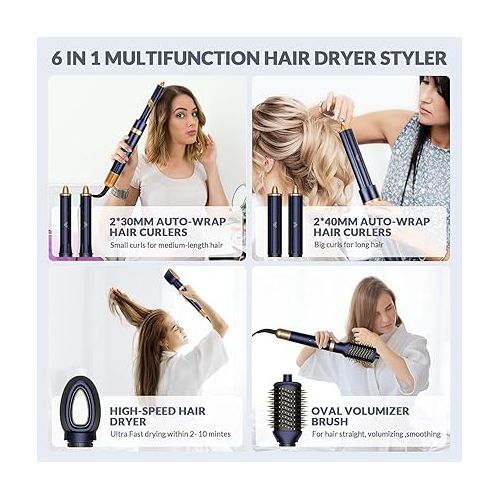  Hair Dryer Brush, Chignon 6 in 1 Hot Air Brush, High-Speed Negative Ionic Hair Dryer and Hair Curling Wand Set with Auto Air-Wrap Curlers for Fast Drying, Curling Drying, Straightening Combing (Blue)