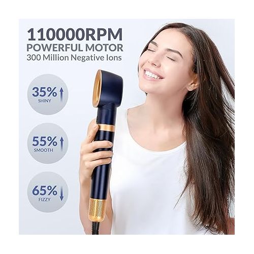  Hair Dryer Brush, Chignon 6 in 1 Hot Air Brush, High-Speed Negative Ionic Hair Dryer and Hair Curling Wand Set with Auto Air-Wrap Curlers for Fast Drying, Curling Drying, Straightening Combing (Blue)
