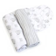 Child to Cherish Baby Muslin Swaddle Blankets, 2 Pack with Matching Burp Cloth, Gray Elephant and Bubbles