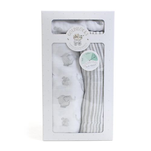  Child to Cherish Baby Muslin Swaddle Blankets, 2 Pack with Matching Burp Cloth, Gray Elephant and Bubbles