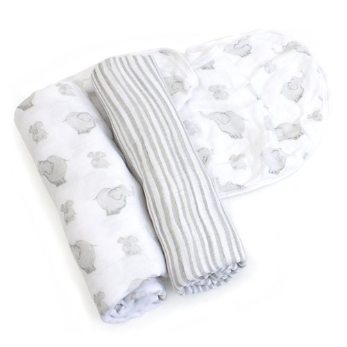  Child to Cherish Baby Muslin Swaddle Blankets, 2 Pack with Matching Burp Cloth, Gray Elephant and Bubbles
