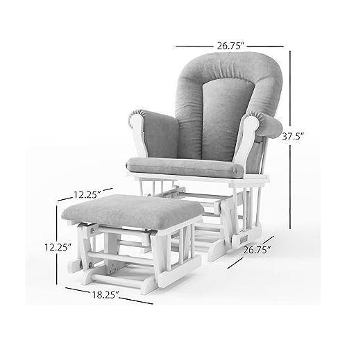  Child Craft Cozy Glider Rocker and Ottoman Set, Padded Cushion with Convenient Storage Pockets, Solid Wood Base & Frame (Matte White with Light Gray Cushion)