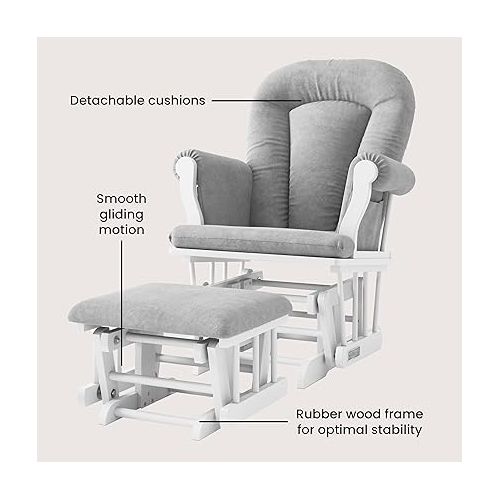  Child Craft Cozy Glider Rocker and Ottoman Set, Padded Cushion with Convenient Storage Pockets, Solid Wood Base & Frame (Matte White with Light Gray Cushion)