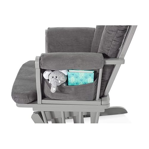  Child Craft Cozy Glider Rocker and Ottoman Set, Padded Cushion with Convenient Storage Pockets, Solid Wood Base & Frame (Cool Gray with Dark Gray Cushion)
