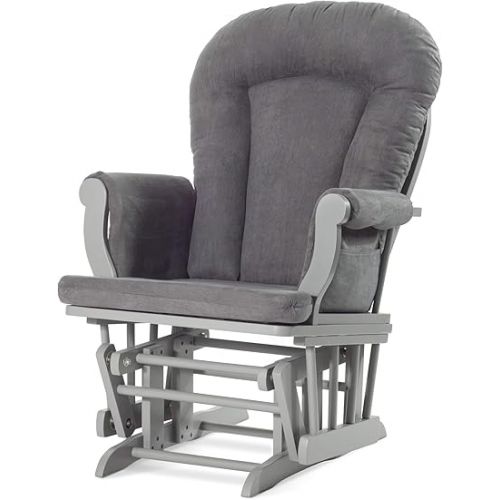  Child Craft Cozy Glider Rocker and Ottoman Set, Padded Cushion with Convenient Storage Pockets, Solid Wood Base & Frame (Cool Gray with Dark Gray Cushion)