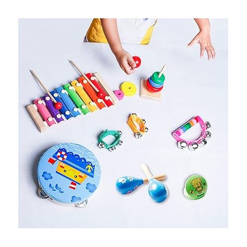  Kids Musical Instruments For Toddlers,Baby Musical Toys For Toddlers,Kid Toys For Girl Gifts,First Birthday Gifts For Boys,Kids Xylophone,Maracas For Baby,Wooden Instruments Toddler Toys With Bag