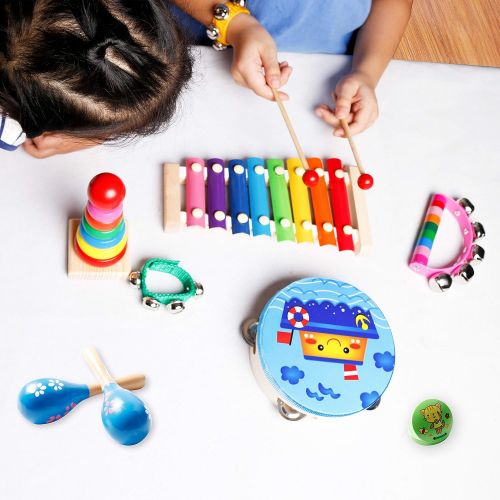  Childom Kids Musical Instruments, Musical Instruments Wood Xylophone for Kids Children, Child Wooden Music Shakers Percussion Instruments Tambourine Birthday Gifts Present with Carrying Ba