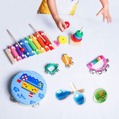  Childom Kids Musical Instruments, Musical Instruments Wood Xylophone for Kids Children, Child Wooden Music Shakers Percussion Instruments Tambourine Birthday Gifts Present with Carrying Ba