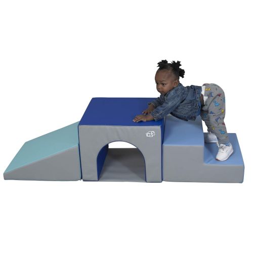  Childrens Factory 3 Piece Over & Under Tunnel Climber, Foam Indoor Toddler/Baby Crawling/Climbing Toys for Playroom/Homeschool/Classroom, Blues/Grey