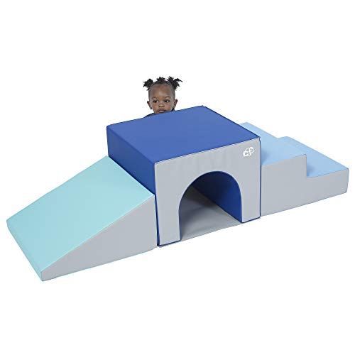  Childrens Factory 3 Piece Over & Under Tunnel Climber, Foam Indoor Toddler/Baby Crawling/Climbing Toys for Playroom/Homeschool/Classroom, Blues/Grey