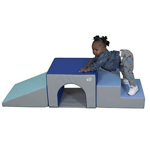  Childrens Factory 3 Piece Over & Under Tunnel Climber, Foam Indoor Toddler/Baby Crawling/Climbing Toys for Playroom/Homeschool/Classroom, Blues/Grey