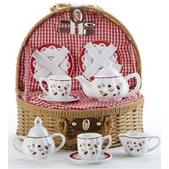 Childs Porcelain Tea Set in Wicker Basket, Real Pouring Teapot, Red Cherries