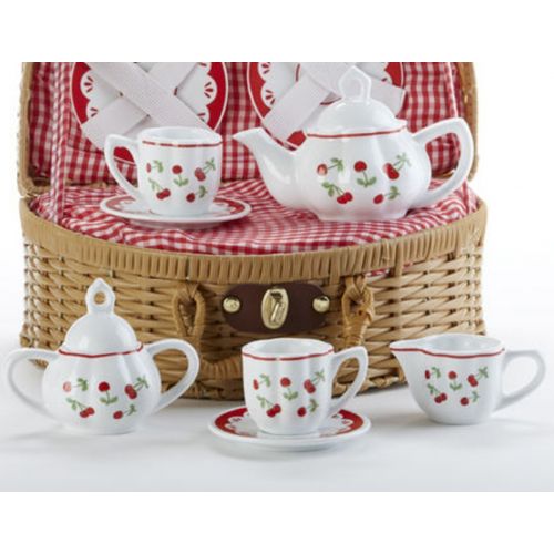  Childs Porcelain Tea Set in Wicker Basket, Real Pouring Teapot, Red Cherries