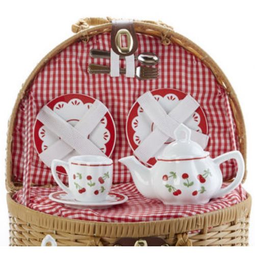  Childs Porcelain Tea Set in Wicker Basket, Real Pouring Teapot, Red Cherries