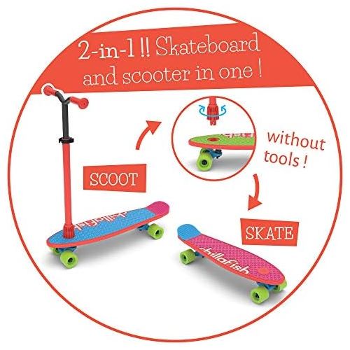  Chillafish Skatieskootie Customizable Training Skateboard and Lean-to-Steer scooter with Detachable Stability Handlebar, Multiple Deck & Tail color options, Ages 3 +, Red Mix