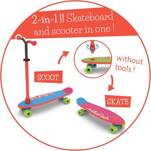  Chillafish Skatieskootie Customizable Training Skateboard and Lean-to-Steer scooter with Detachable Stability Handlebar, Multiple Deck & Tail color options, Ages 3 +, Red Mix