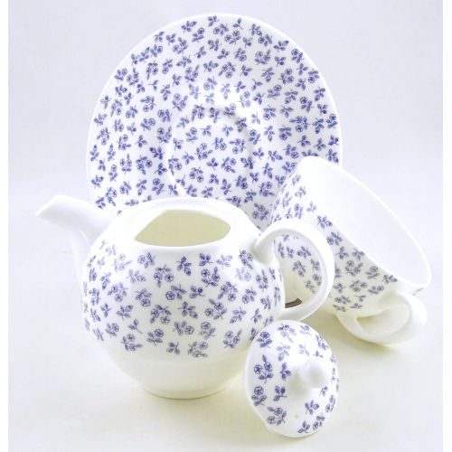  ChinaFind Fine English Bone China Tea for One - Teapot and Cup Set - English Chintz - Petite Blue Rose - Roy Kirkham, England