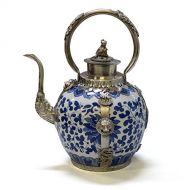 ChinaFurnitureOnline China Furniture Online Porcelain Tea Pot, Hand Painted Floral Motif with Silver Dragon and Phoenix Handle and Trim Decorative Pot Blue and White Glaze