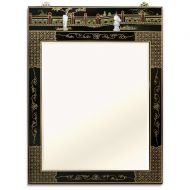 ChinaFurnitureOnline China Furniture Online Black Lacquer Wall Mirror, Hand Painted Landscape Scenery with Maidens Motif Mother Pearl Inlay Black