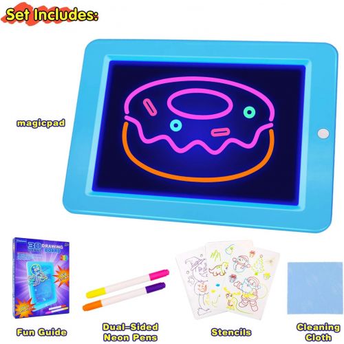  [아마존베스트]Chomunce Kids 3D Drawing Board,Magic Pad with Light Up Glow,LED Draw Sketch Tablet for Art Write Learning which Includes Wiping Cloth, Glow Boost Card, Fun Guide Stencils - Educati