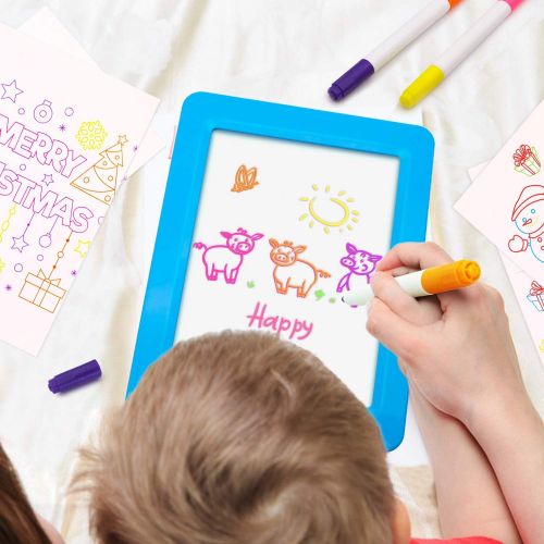  [아마존베스트]Chomunce Kids 3D Drawing Board,Magic Pad with Light Up Glow,LED Draw Sketch Tablet for Art Write Learning which Includes Wiping Cloth, Glow Boost Card, Fun Guide Stencils - Educati