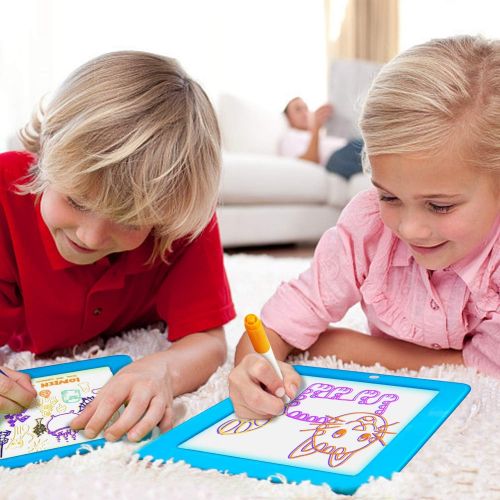  [아마존베스트]Chomunce Kids 3D Drawing Board,Magic Pad with Light Up Glow,LED Draw Sketch Tablet for Art Write Learning which Includes Wiping Cloth, Glow Boost Card, Fun Guide Stencils - Educati