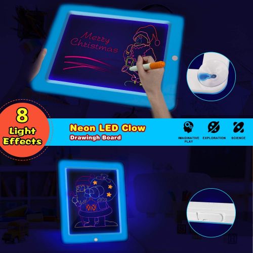  [아마존베스트]Chomunce Kids 3D Drawing Board,Magic Pad with Light Up Glow,LED Draw Sketch Tablet for Art Write Learning which Includes Wiping Cloth, Glow Boost Card, Fun Guide Stencils - Educati