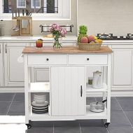 ChooChoo Kitchen Cart on Wheels with Wood Top, Utility Wood Kitchen Islands with Storage and Drawers, Easy Assembly White