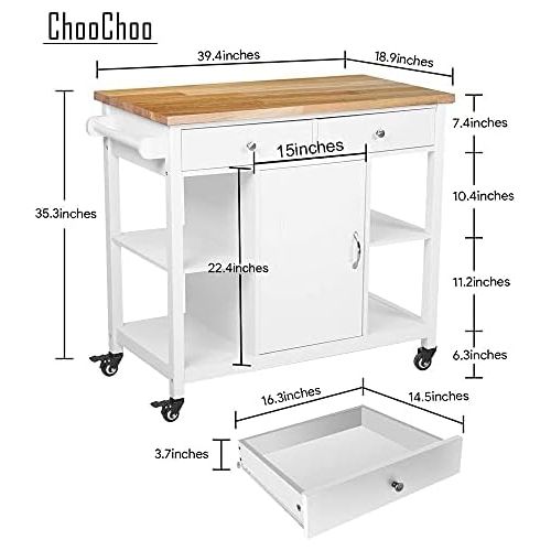  ChooChoo Kitchen Cart on Wheels with Wood Top, Utility Wood Kitchen Islands with Storage and Drawers, Easy Assembly White