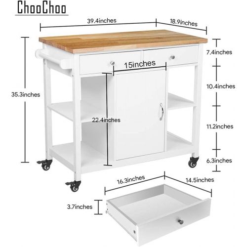  ChooChoo Kitchen Cart on Wheels with Wood Top, Utility Wood Kitchen Islands with Storage and Drawers, Easy Assembly White