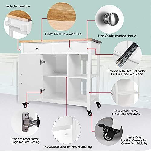  ChooChoo Kitchen Cart on Wheels with Wood Top, Utility Wood Kitchen Islands with Storage and Drawers, Easy Assembly White