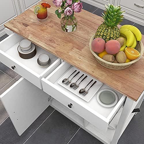  ChooChoo Kitchen Cart on Wheels with Wood Top, Utility Wood Kitchen Islands with Storage and Drawers, Easy Assembly White