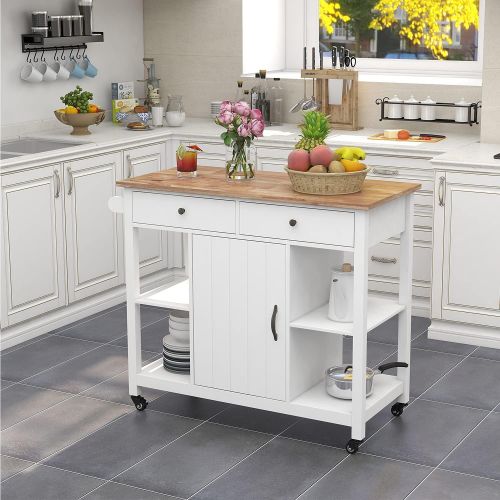  ChooChoo Kitchen Cart on Wheels with Wood Top, Utility Wood Kitchen Islands with Storage and Drawers, Easy Assembly White