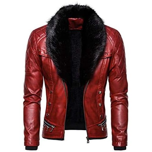  할로윈 용품chouyatou Mens Removable Fur Collar Sherpa Lined Steampunk Faux Leather Jacket