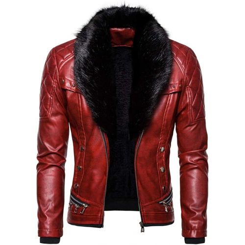  할로윈 용품chouyatou Mens Removable Fur Collar Sherpa Lined Steampunk Faux Leather Jacket