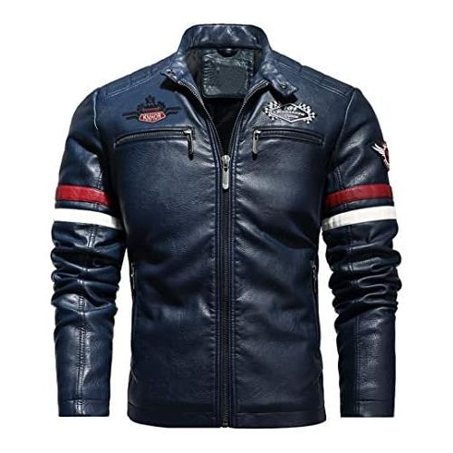  할로윈 용품chouyatou Mens Fall Light Embroidered Motorcycle Racer Faux Leather Jacket