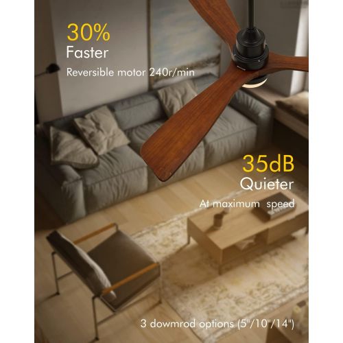  Chriari Ceiling Fans with Lights, 3 Wood Fan Blades, 52 Classical Style Fan with Remote Control, Noiseless Reversible DC Motor for Bedroom/Living room/Study/Porch,Black