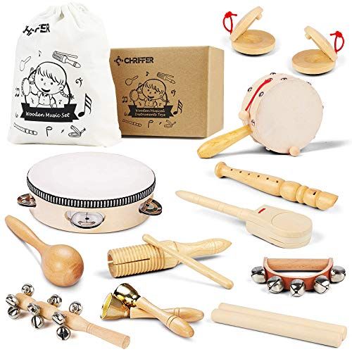  [아마존베스트]Chriffer Wooden Musical Instruments Toys for Toddlers and Kids, Eco-Friendly Music Set Natural Wood Percussion Instruments Set with Storage Bag