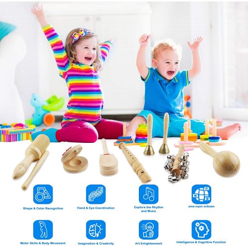  [아마존베스트]Chriffer Wooden Musical Instruments Toys for Toddlers and Kids, Eco-Friendly Music Set Natural Wood Percussion Instruments Set with Storage Bag