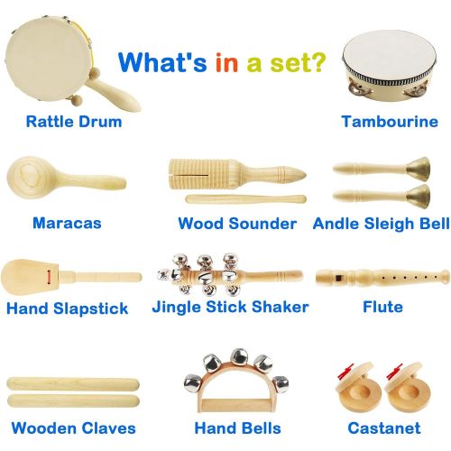  [아마존베스트]Chriffer Wooden Musical Instruments Toys for Toddlers and Kids, Eco-Friendly Music Set Natural Wood Percussion Instruments Set with Storage Bag