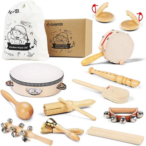  [아마존베스트]Chriffer Wooden Musical Instruments Toys for Toddlers and Kids, Eco-Friendly Music Set Natural Wood Percussion Instruments Set with Storage Bag