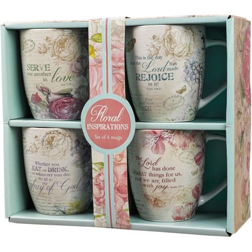  Christian Art Gifts Ceramic Coffee/Tea Mug Set for Women | Vintage Botanic Floral Inspirations Design Bible Verse Mug Set | Boxed Set/4 Coffee Cups