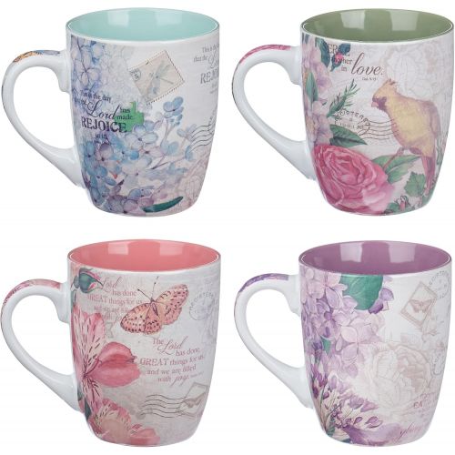  Christian Art Gifts Ceramic Coffee/Tea Mug Set for Women | Vintage Botanic Floral Inspirations Design Bible Verse Mug Set | Boxed Set/4 Coffee Cups