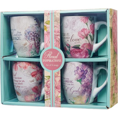  Christian Art Gifts Ceramic Coffee/Tea Mug Set for Women | Vintage Botanic Floral Inspirations Design Bible Verse Mug Set | Boxed Set/4 Coffee Cups