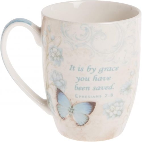  [아마존베스트]Christian Art Gifts Amazing Grace Butterfly Mug  Botanic Teal and Blue Butterfly Coffee Mug w/ Ephesians 2:8, Bible Verse Mug for Women and Men  Inspirational Coffee Cup and Christian Gifts (12-ounc